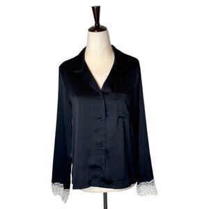 Kate Spade Shirt Women XS Black Satin Lace Cuffs Button Down Top Whimsigoth